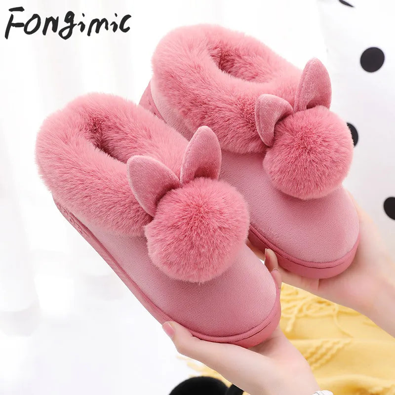 FONGIMIC Slippers For Women Winter Warm Cotton Slippers Ladies Winter Velvet Home Floor Thick Bottom Cartoon House leisure Shoes