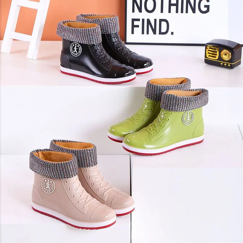 Winter Plush Rain Boots Women Fur lined Rainshoes Woman Soft Ankle Boot Galoshes Ladies Rainy Work Shoes Female Green Booties