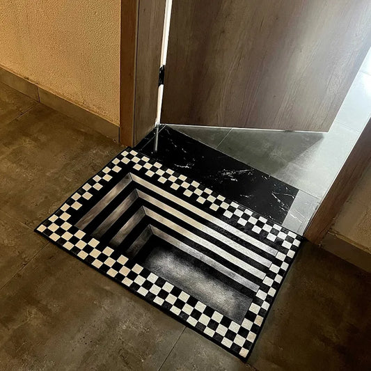 3D Vortex Illusion Square Rug Outdoor Mat Black and White Checkerboard Trap Floor Mat Decoration Indoor Rug Bathroom Mat