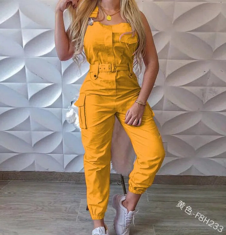 Autumn Jumpsuit: Women's Clothing Bodysuit Jumpsuit 2023 Simple Zipper Cargo High Waisted Conjoined Body Pants Sleeveless Strap Trousers