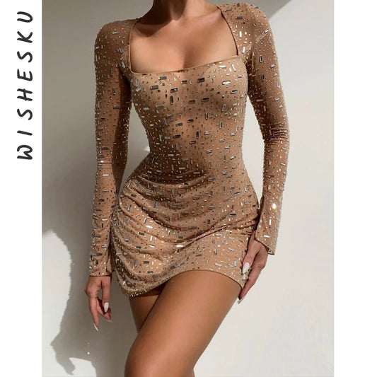 Sequin Goddess Dress (3): Sexy Square Collar Low Cut Sequins Bodycon Mini Dress Women Long Sleeve Mesh See Through Glitter Party Vestido 2023 Spring Fall