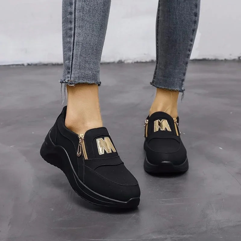 Women's Shoes: Jogging Shoes Thick Bottom Solid Ladies Vulcanized Sneakers Casual Wedges Slip on Zipper Shoes Women Platform Sneakers