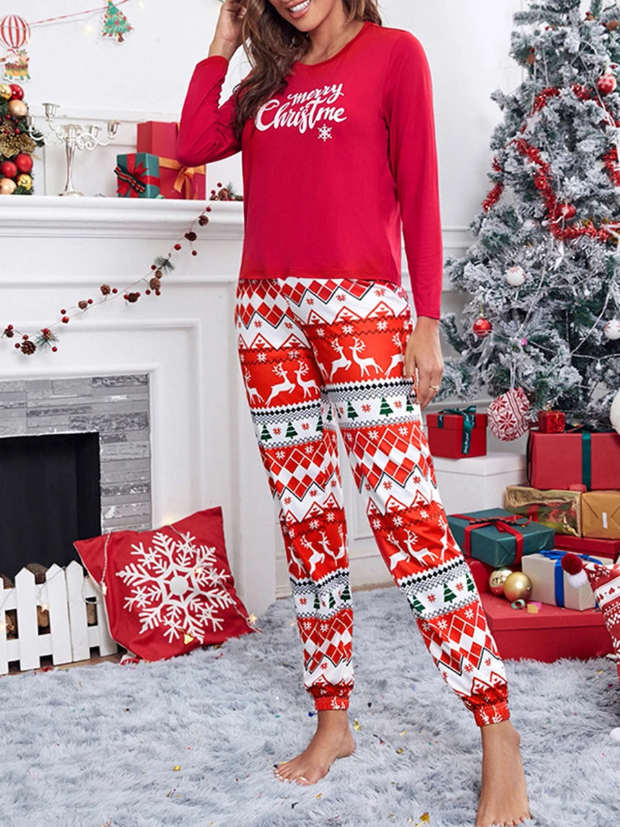 Women Christmas Pajama Set Long Sleeve Letters Print T-shirt with Elk Print Pants Sleepwear Loungewear