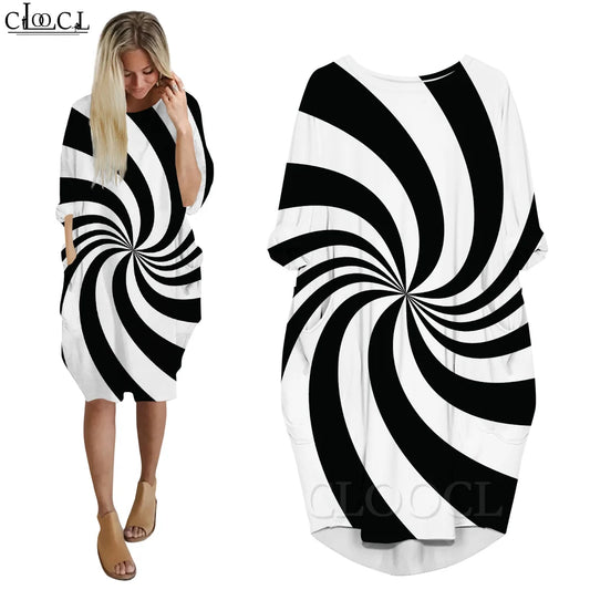 CLOOCL Illusion Vortex Dresses Women Fashion Casual Female Clothing Print Eye-catching Street Wear Long Sleeve Midi Dresses