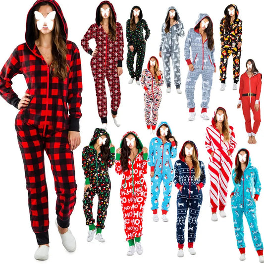 Christmas Jumpsuit Pajamas Women Winter Print Warm Long Sleeve Sleepwear Xmas Cute Zipper Up Hooded Nightwear Home Wear Suits