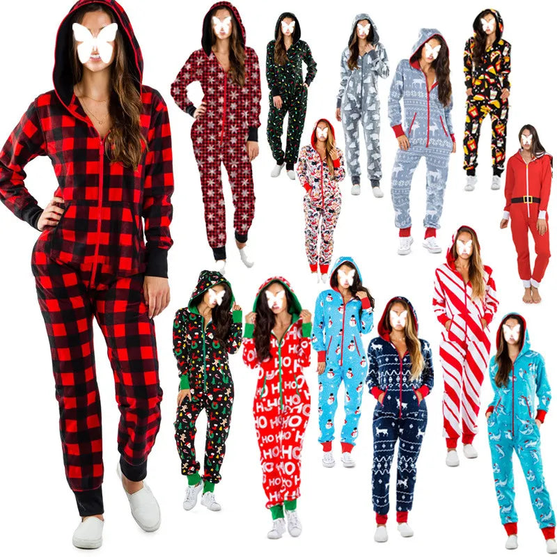 Christmas Jumpsuit Pajamas Women Winter Print Warm Long Sleeve Sleepwear Xmas Cute Zipper Up Hooded Nightwear Home Wear Suits