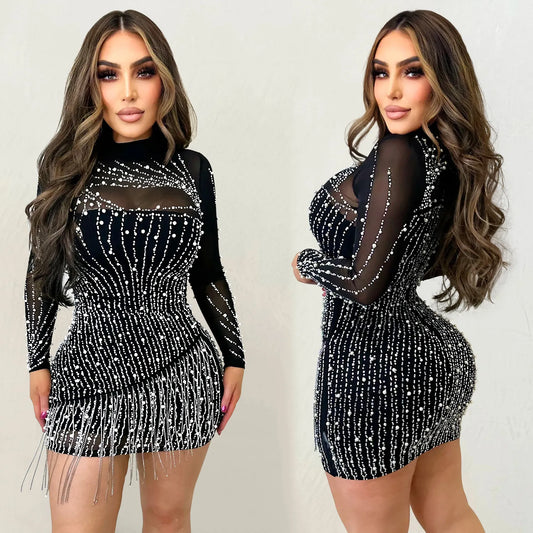 Sequin Goddess Dress (1): Sequins Mini Dress Elegant Cocktail Sling V Neck Black Dresses Evening Dresses Party Prom Gown Slim Mesh Normal Vestidos