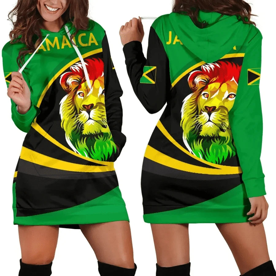 Jamaican Inspired Dress🇯🇲: JAMAICA Emblem Country Flag New Harajuku Novelty 3D Print Autumn Hoodie Dress Women Casual Wear Long Sleeve Hooded Dress Plus Size