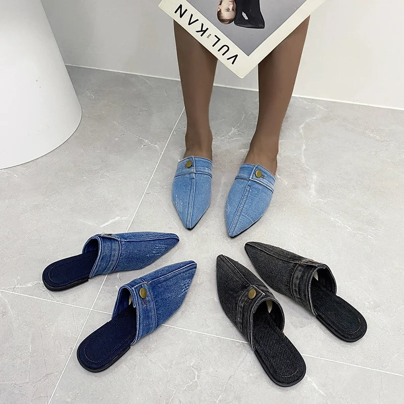 2023 New Womens Slippers Pointed Toe Denim Jeans Flat Slipper Slingbacks Womens Shoes Fashion Sandals Ladies Casual Shoes