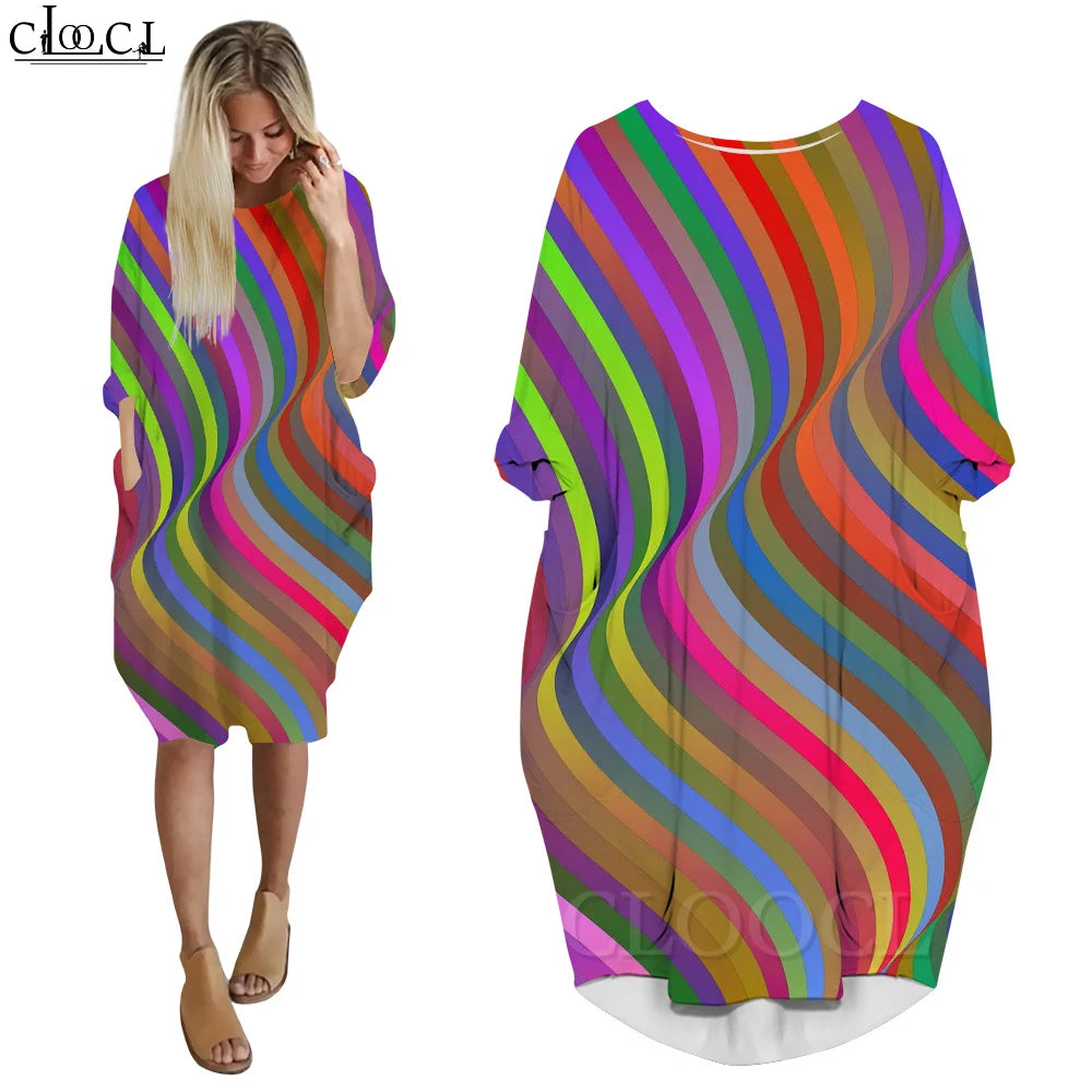 Striking Print Vortex Dress: CLOOCL Illusion Vortex Dresses Women Fashion Casual Female Clothing Print Eye-catching Street Wear Long Sleeve Midi Dresses Plus Size