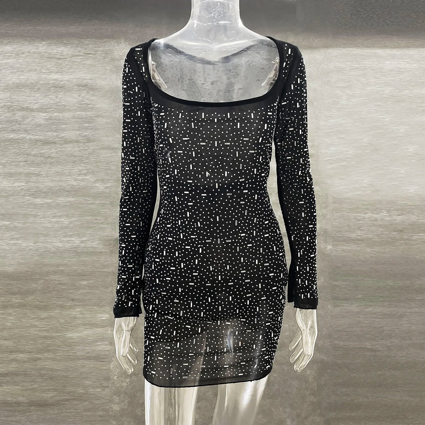 Sequin Goddess Dress (3): Sexy Square Collar Low Cut Sequins Bodycon Mini Dress Women Long Sleeve Mesh See Through Glitter Party Vestido 2023 Spring Fall