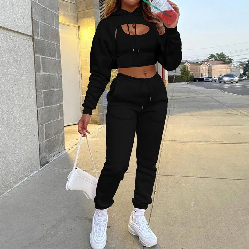 Heather Tracksuit Set: 3Pcs Set Women Tracksuit Autumn Winter Fleece Long Sleeve Pullover Crop Top Hoodie+Tanks+Jogger Pants Solid Outfit Sport Suit