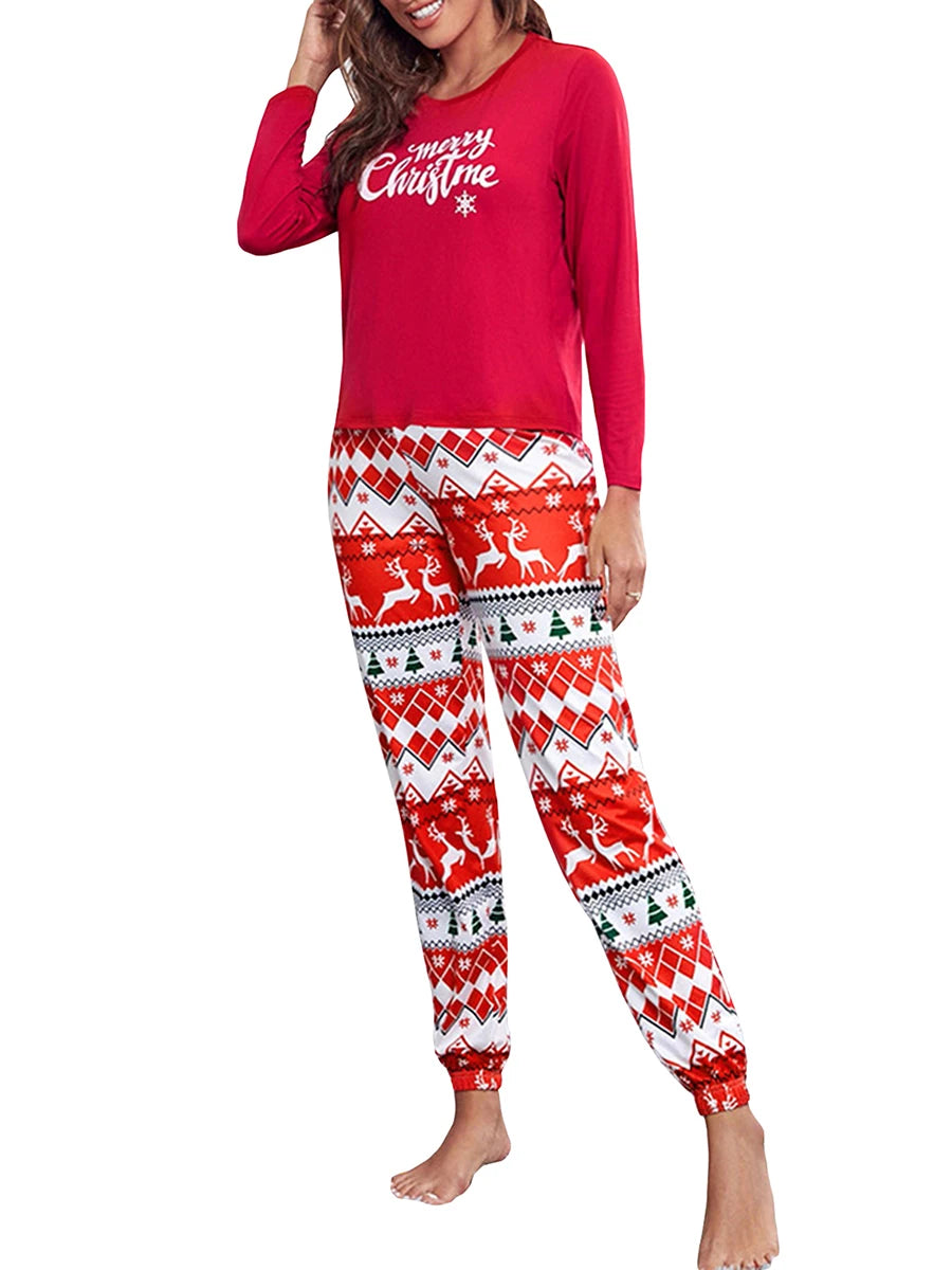 Women Christmas Pajama Set Long Sleeve Letters Print T-shirt with Elk Print Pants Sleepwear Loungewear