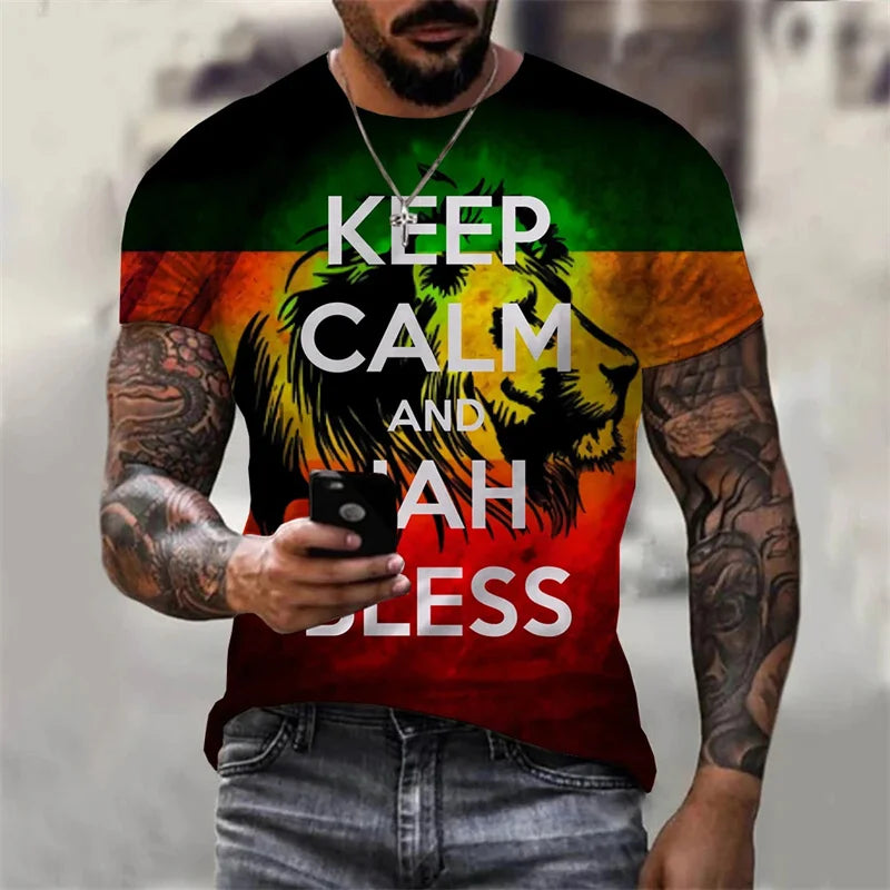 Jamaica "JAH BLESS" T-Shirt🇯🇲: New Fashion Personality 3D Unisex Street Leisure Reggae Round Neck Short Sleeve Men's T-shirt Large T-shirt Top Clothing