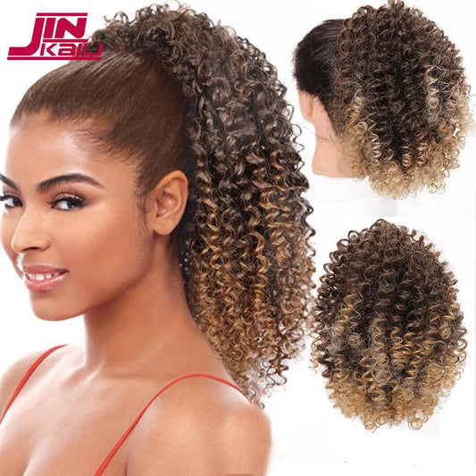 JINKAILI Synthetic Drawstring Kinky Curly Ponytail  Pony Tail Hair Extensions African American Curly Heat Resistant Hair Wig