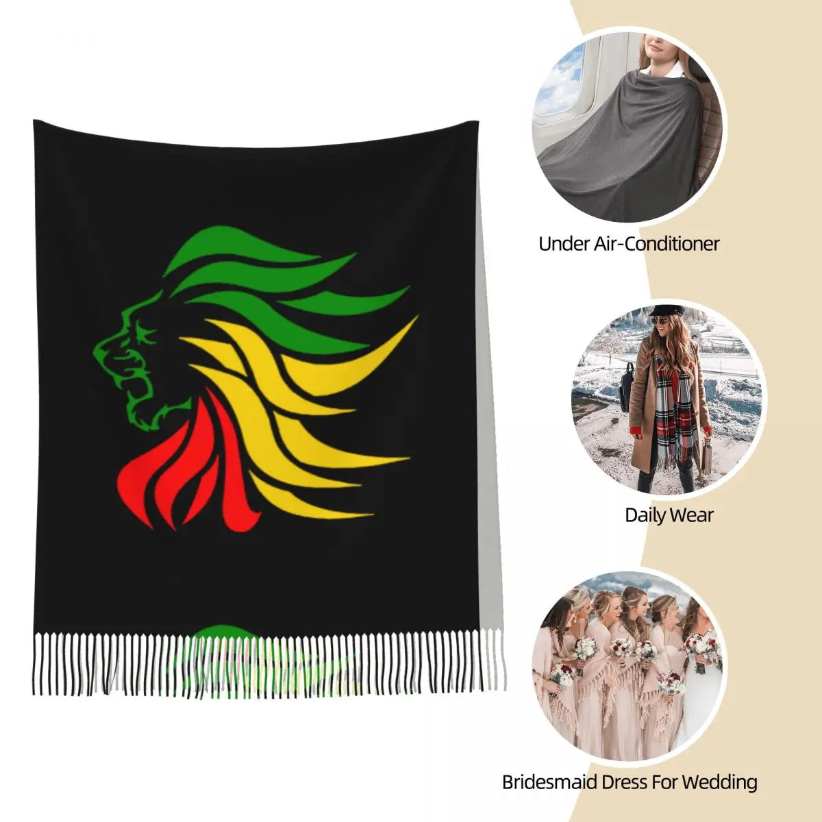 Reggae Scarf🇯🇲: Women's Scarf with Tassel Rasta Lion Rastafari Jamaica Judah Large Winter Fall Shawl Wrap Daily Wear Pashmina Scarves