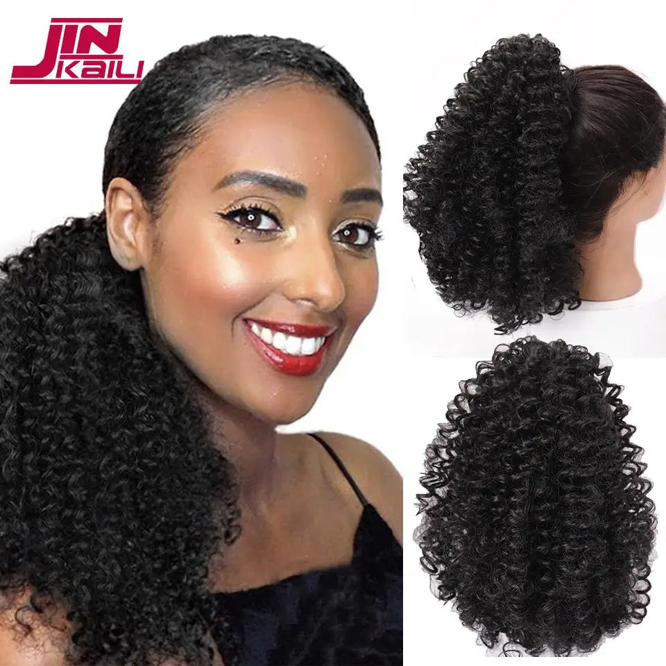 JINKAILI Synthetic Drawstring Kinky Curly Ponytail  Pony Tail Hair Extensions African American Curly Heat Resistant Hair Wig