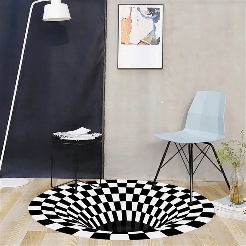 Vortex Illusion Rug 3D Trap Effect Bottomless Hole Carpet Round Black White Grid Room Bedroom Anti-Slip Floor Mats