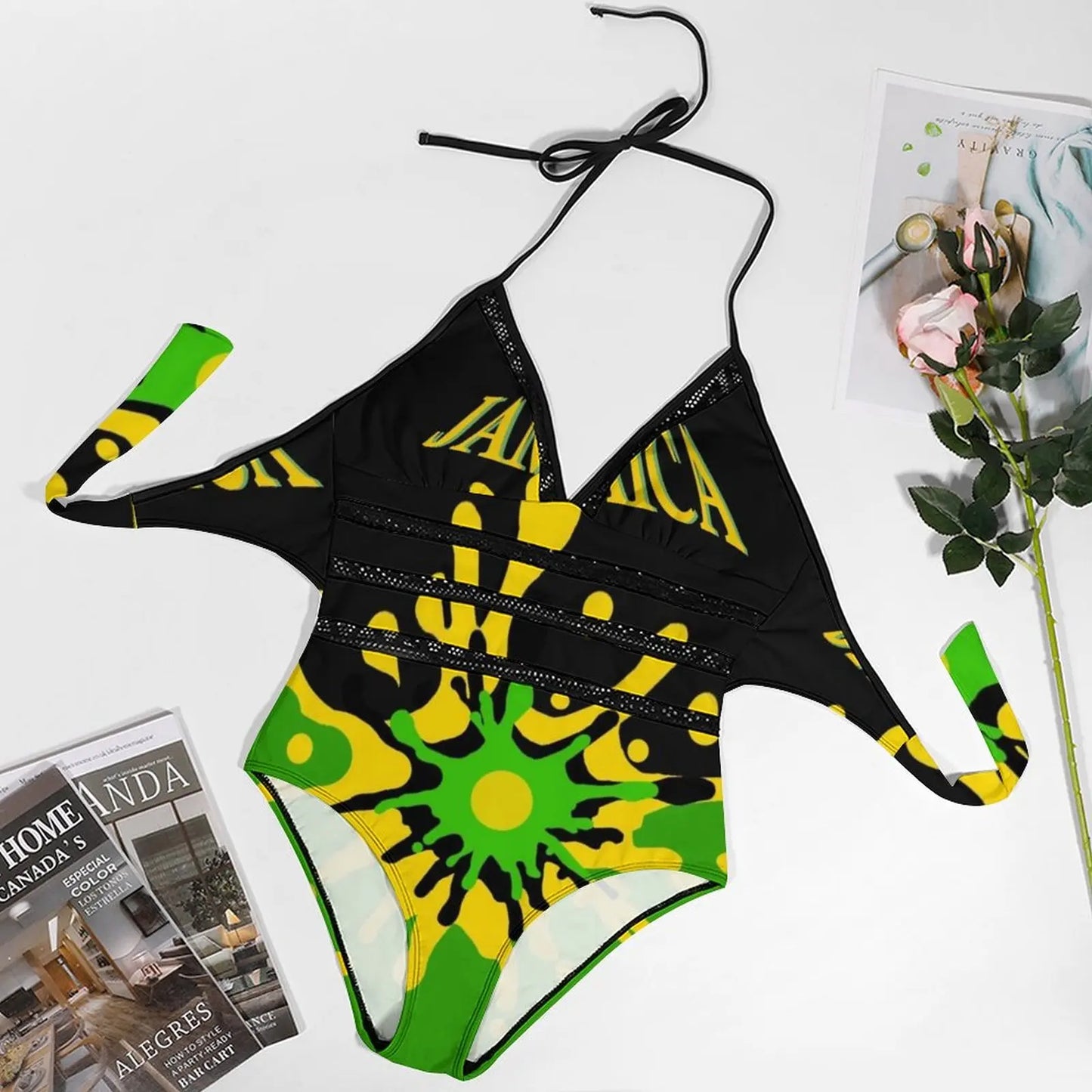 Jamaican Inspired Swimsuit🇯🇲: A Splash Of Jamaica Colors Women Printed One Piece Swimwear Sexy Backless Swimsuit V Neck Summer Beach Wear Splash Splashing