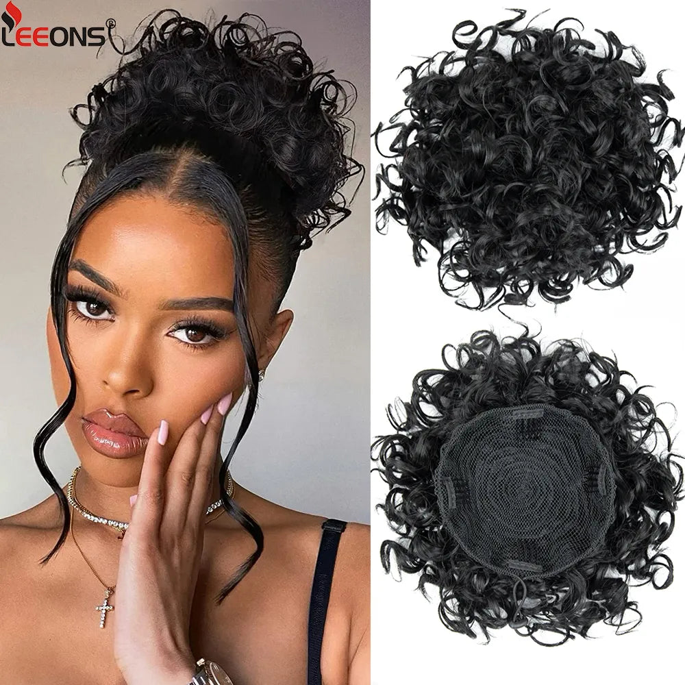 Leeons Drawstring Curly Bun Synthetic Chignon Hairpiece For Women Drawstring Ponytail Kinky Curly Tail Clip Hair Extensions