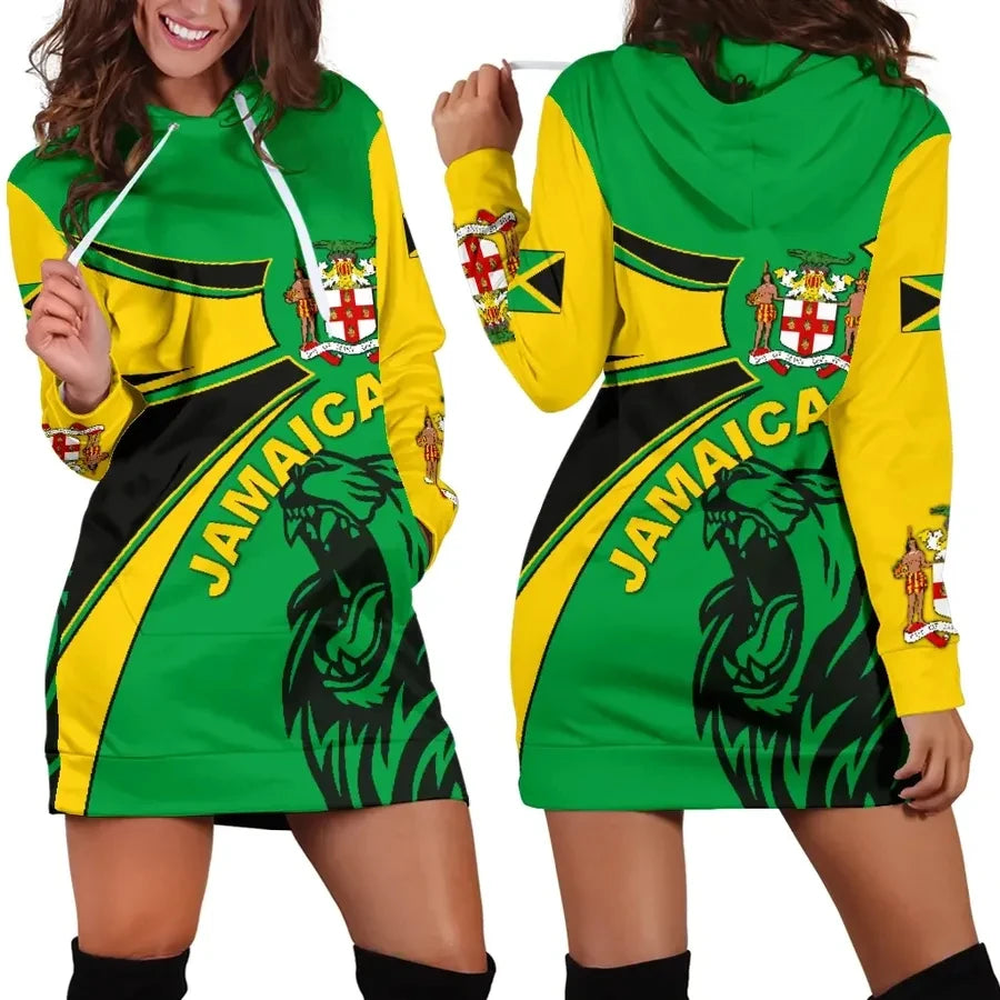 Jamaican Inspired Dress🇯🇲: JAMAICA Emblem Country Flag New Harajuku Novelty 3D Print Autumn Hoodie Dress Women Casual Wear Long Sleeve Hooded Dress Plus Size