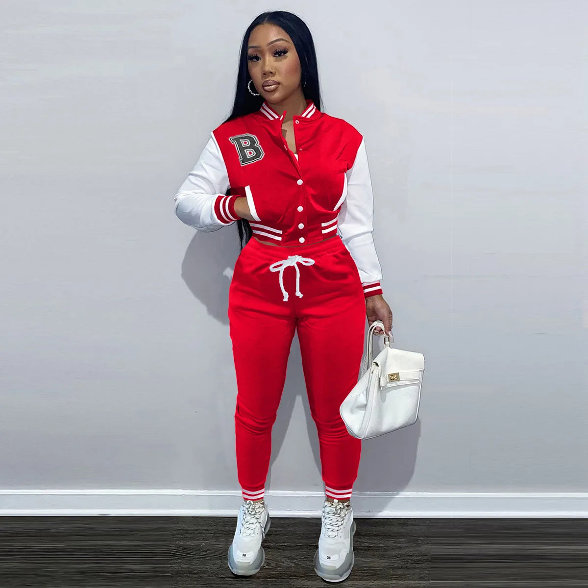 Maureen Baseball Sweatsuit Set: Single Breasted Jacket Letter B Baseball Women's Tracksuit and Sweatpants Matching Two 2 Piece Set Outfits Sweatsuit