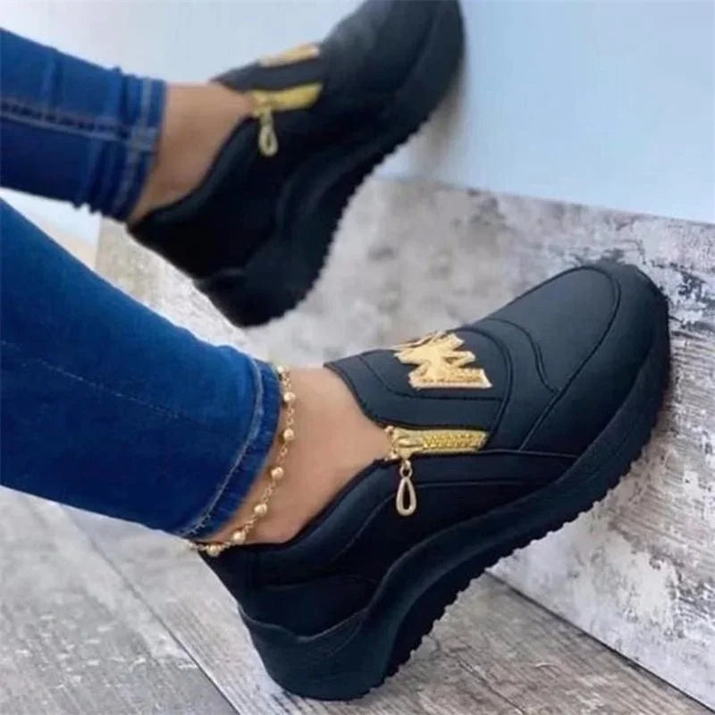 Women's Shoes: Jogging Shoes Thick Bottom Solid Ladies Vulcanized Sneakers Casual Wedges Slip on Zipper Shoes Women Platform Sneakers