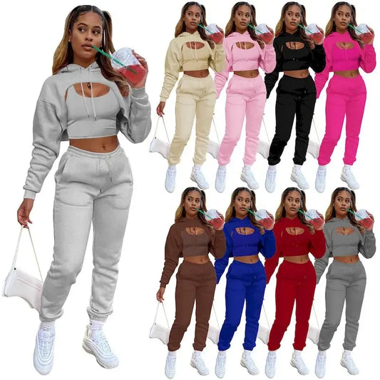 Heather Tracksuit Set: 3Pcs Set Women Tracksuit Autumn Winter Fleece Long Sleeve Pullover Crop Top Hoodie+Tanks+Jogger Pants Solid Outfit Sport Suit