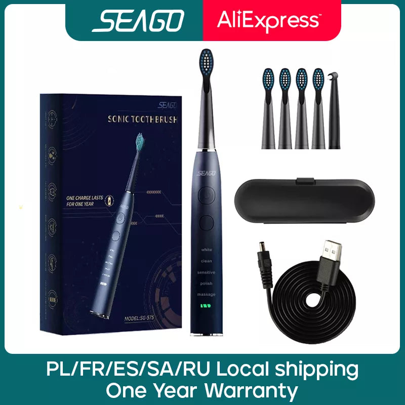 Seago Electric Sonic Toothbrush SG-575 USB Charge Rechargeable Adult Waterproof Electronic Tooth Brushes Replacement Heads Gift