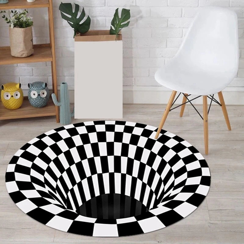 Vortex Illusion Rug 3D Trap Effect Bottomless Hole Carpet Round Black White Grid Room Bedroom Anti-Slip Floor Mats