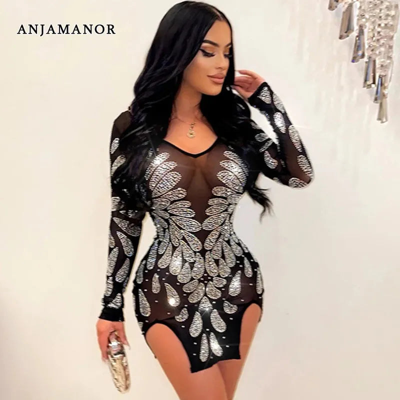 Sequin Goddess Dress (5): ANJAMANOR Rhinestone Mesh Sexy Backless Bodycon Dresses for Date Night Club Outfits Transparent Sparkly Black Dress D82-DF23