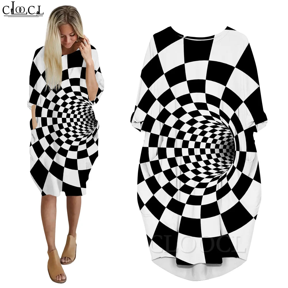 Striking Print Vortex Dress: CLOOCL Illusion Vortex Dresses Women Fashion Casual Female Clothing Print Eye-catching Street Wear Long Sleeve Midi Dresses Plus Size