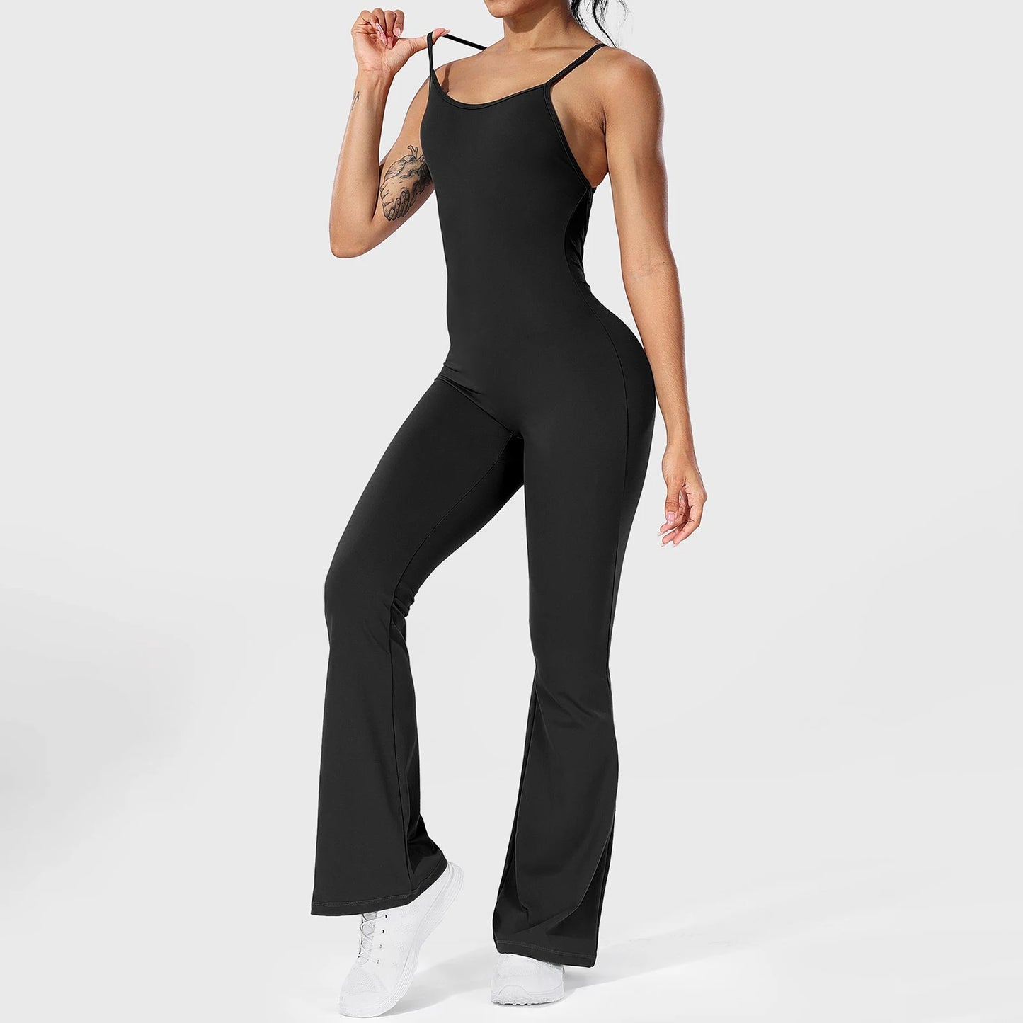 Women Solid Color Jumpsuits Spaghetti Strap Sleeveless Bodycon Rompers Flare Pants Cross Backless Unitard Playsuits