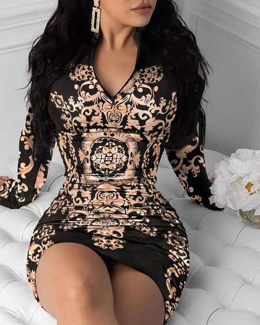 Sequin Goddess Dress (10): Elegant Women's Dresses Spring Autumn Fashion Graphic Print Zipper Detail Sexy V-Neck Long Sleeve Skinny Mini Party Dress