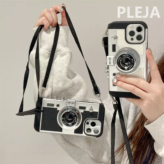 Fashion Crossbody Strap 3D Camera Phone Case For iPhone 15 Pro 14 Plus 11 13 12 Pro Max X Max XRCover Cute Soft Protective Cases