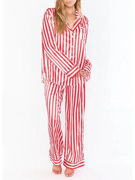 Women Christmas Pajama Set Striped Long Sleeve Shirt Elastic Waist Pants Sleepwear Xmas Holiday 2PC Lounge Outfits