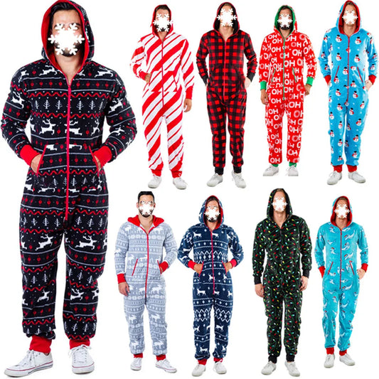 Christmas Sleepwear Men Autumn Winter Warm Elk Snowman Print Long Sleeve Pajamas Jumpsuit Leisure Soft Home Clothes