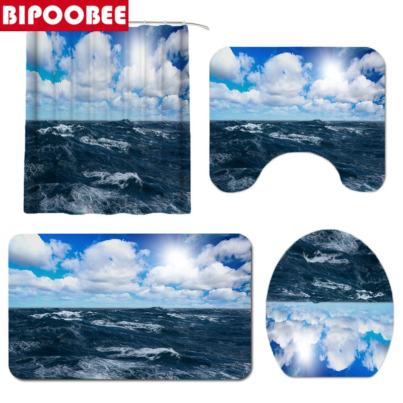 Bathroom Set: Waves Sea Print Shower Curtain Blue Sky White Clouds Ocean Bathroom Curtains Set Bath Mats Rugs Toilet Lid Cover Non-slip Carpet