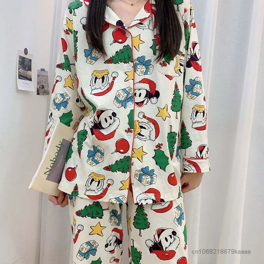 Disney Christmas Mickey Pajamas 2 Piece Set Women Long Sleeve Top Shirts Loose Trousers Y2k Home Clothes Cartoon Trend Sleepwear