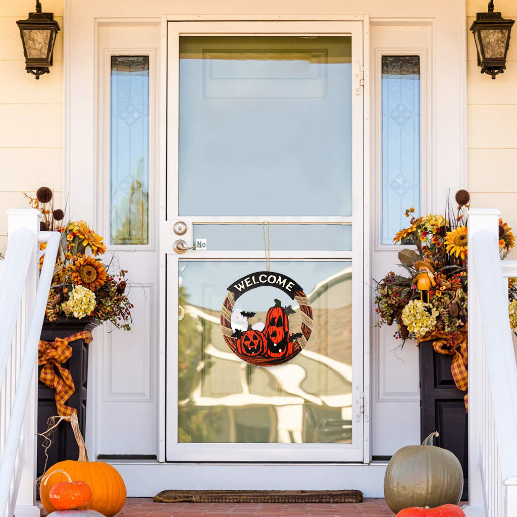 Welcome Sign Garland Door Hanging Halloween Wooden Pumpkin